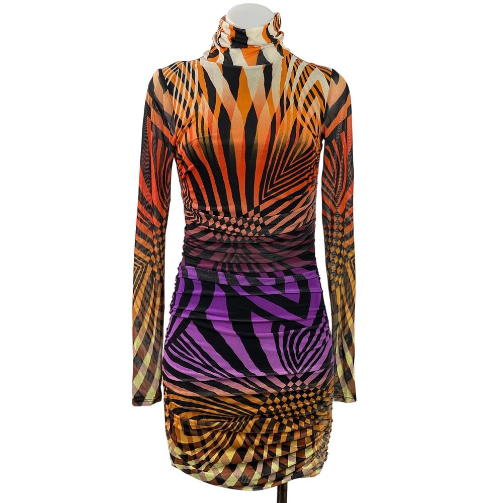 AFRM Lavinia Women's Multicolor Long Sleeve Abstract Print Ruched Mini Dress SP